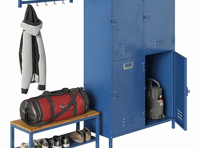 Blue Storage Lockers With Hanging Jacket Red Duffel Bag And Shoes 3d model