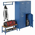 Blue Storage Lockers With Hanging Jacket Red Duffel Bag And Shoes