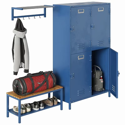 Blue Storage Lockers With Hanging Jacket Red Duffel Bag And Shoes 3d model
