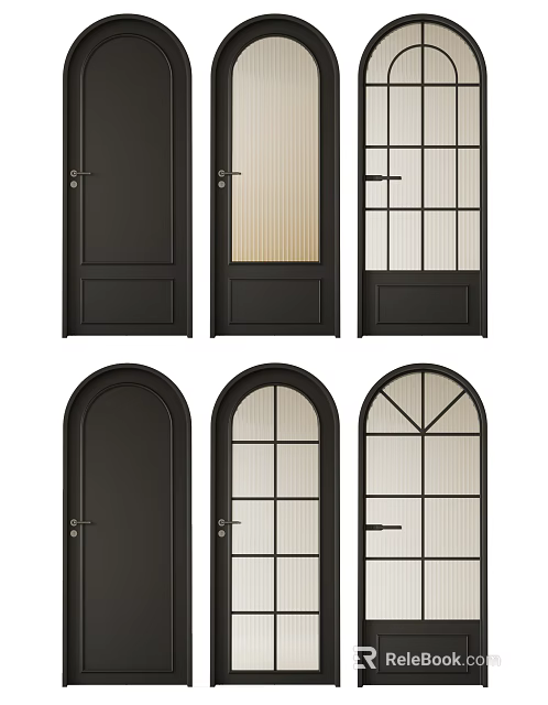 Black Hinged Doors with Rectangular Arch Designs and Frosted Grid Glass Panels 3d model 