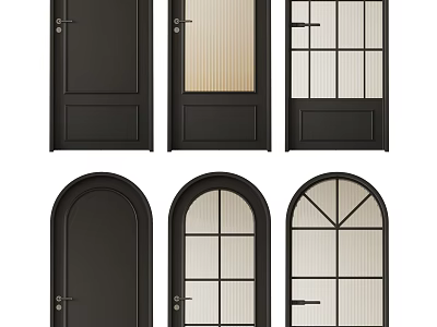 Black Hinged Doors with Rectangular Arch Designs and Frosted Grid Glass Panels 3d model