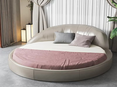 Stylish Round Bed In Modern Bedroom With Cushions And Curtains 3d model