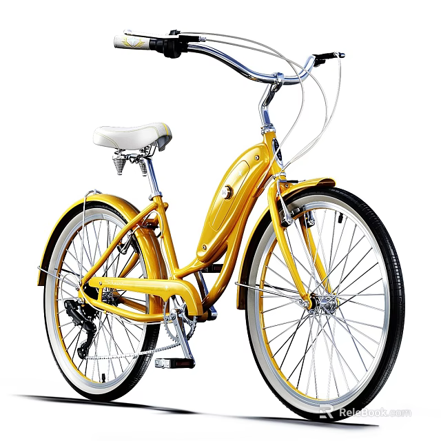 Yellow Cruiser Bicycle With White Seat And Classic Design Features 3d model 