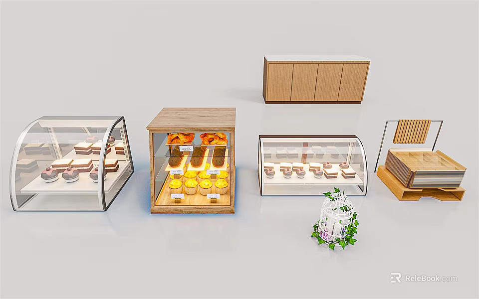 Wooden And Glass Display Shelves For Pastry Shop With Clear Cases And Minimalist Design 3d model 