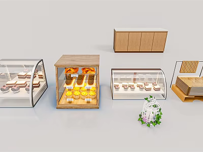 Wooden And Glass Display Shelves For Pastry Shop With Clear Cases And Minimalist Design 3d model