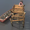 Broken ship shore small wooden ship dock broken dock broken wooden ship shore broken bridge small wooden bridge wooden bridge shore scene low face number low model simple model realistic 3d model