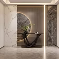 Modern Entryway Design with Marble Walls Circular Decor Green Plant and Black Console Table