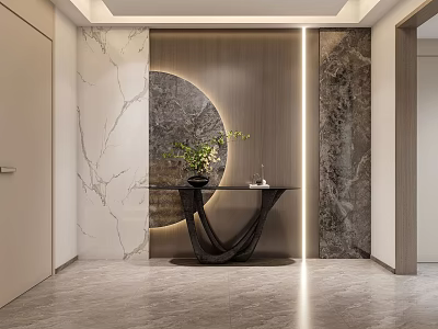 Modern Entryway Design with Marble Walls Circular Decor Green Plant and Black Console Table 3d model