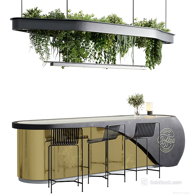 Modern Reception Desk With Black Countertop Gold Frame And Hanging Green Plants Above 3d model 