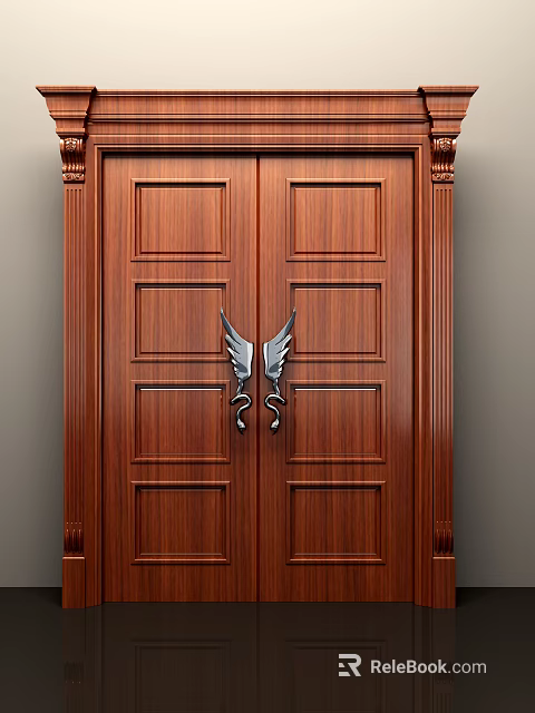 Elegant Wooden Double Doors With Carved Panels And Wing Shaped Handles 3d model