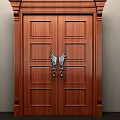 Elegant Wooden Double Doors With Carved Panels And Wing Shaped Handles 3d model
