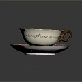 Elegant Pink Teacup and Saucer with Intricate Gold Decorative Patterns 3d model