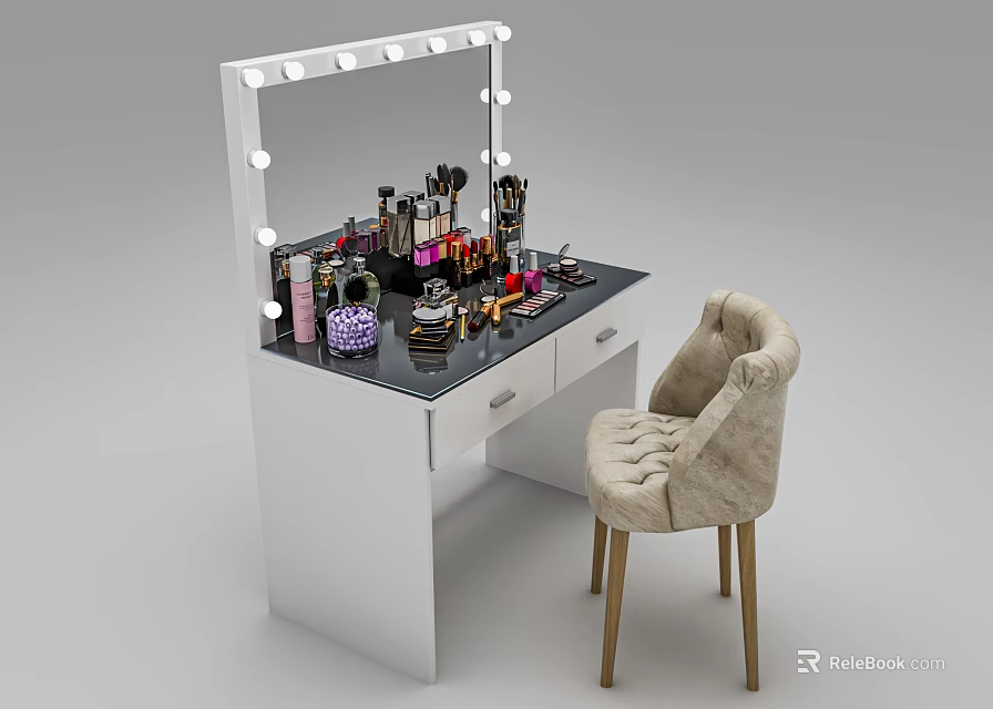 White Vanity Table With Lighted Mirror Makeup Products And Beige Upholstered Chair 3d model 
