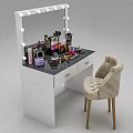 White Vanity Table With Lighted Mirror Makeup Products And Beige Upholstered Chair