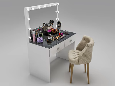 White Vanity Table With Lighted Mirror Makeup Products And Beige Upholstered Chair 3d model