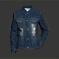 Blue Denim Jacket With Distressed Holes Stand Collar And Front Pockets 3d model