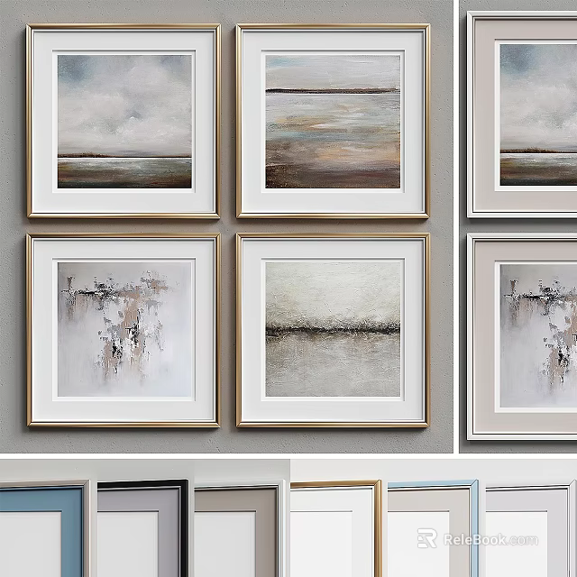 Modern Abstract Oil Paintings Framed On Gray Wall With Neutral Tones Textures And Lines 3d model 
