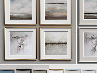 Modern Abstract Oil Paintings Framed On Gray Wall With Neutral Tones Textures And Lines 3d model