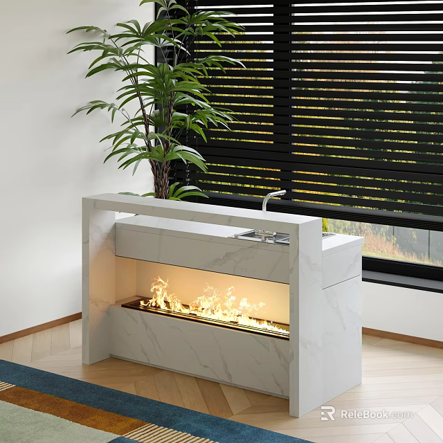 Modern White Marble Bar Counter With Burning Fireplace And Green Plant Near Black Blinds 3d model 