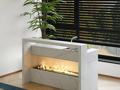 Modern White Marble Bar Counter With Burning Fireplace And Green Plant Near Black Blinds 3d model
