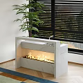 Modern White Marble Bar Counter With Burning Fireplace And Green Plant Near Black Blinds