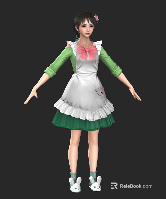 Game and Movie Character in Green Top White Apron with Pink Bow and Green Skirt 3d model 