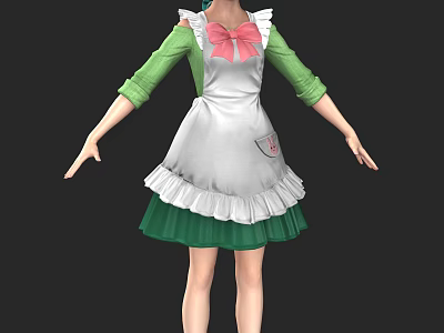 Game and Movie Character in Green Top White Apron with Pink Bow and Green Skirt 3d model