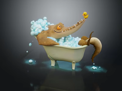 Playful Crocodile Enjoying Bath Time In White Bathtub With Bubbles And Rubber Duck 3d model
