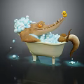 Playful Crocodile Enjoying Bath Time In White Bathtub With Bubbles And Rubber Duck