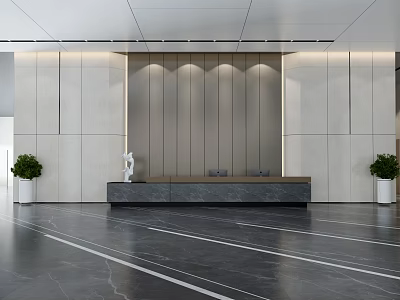 Minimalist Hotel Lobby With Reception Desk Marble Floor White Sculpture And Green Plants 3d model