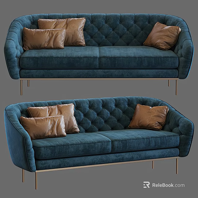 Elegant Blue Velvet Two Seater Sofa With Tufted Back Brown Cushions And Gold Metal Legs 3d model 
