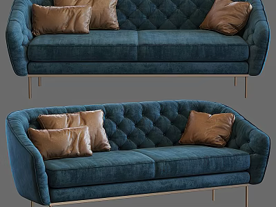 Elegant Blue Velvet Two Seater Sofa With Tufted Back Brown Cushions And Gold Metal Legs 3d model