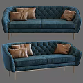 Elegant Blue Velvet Two Seater Sofa With Tufted Back Brown Cushions And Gold Metal Legs