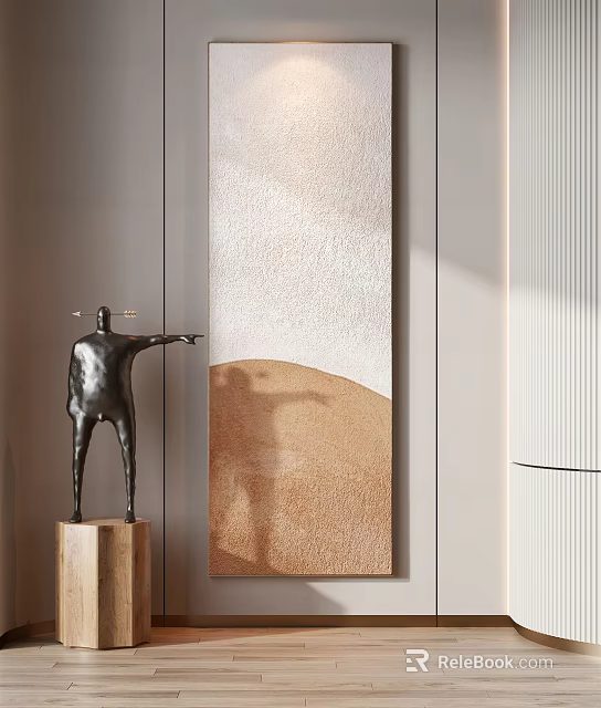 Modern Interior With Abstract Painting And Black Sculpture On Wooden Base 3d model 