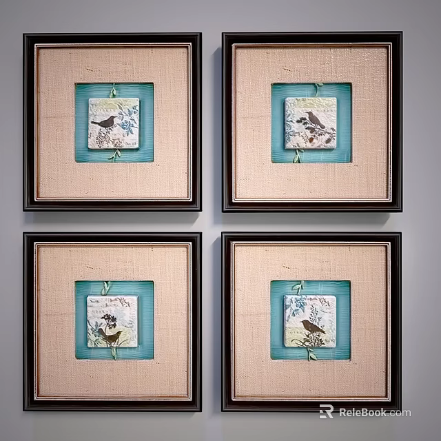 Framed Animal Paintings With Bird Designs Blue Beige Background Dark Frames And Linen Borders 3d model 