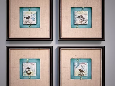 Framed Animal Paintings With Bird Designs Blue Beige Background Dark Frames And Linen Borders 3d model
