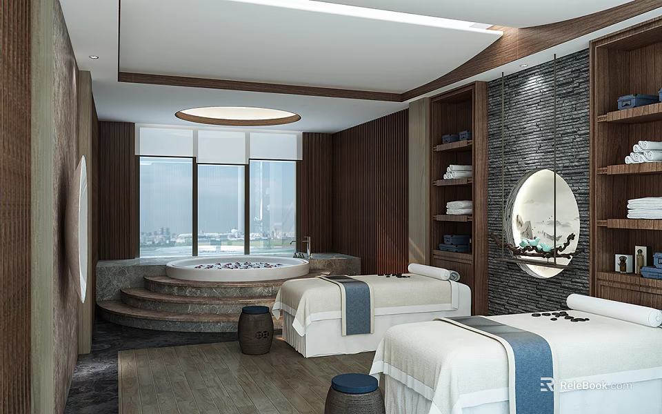Modern SPA Sauna Room With Wooden Decor Large Windows City View Massage Beds And Bathtub 3d model 