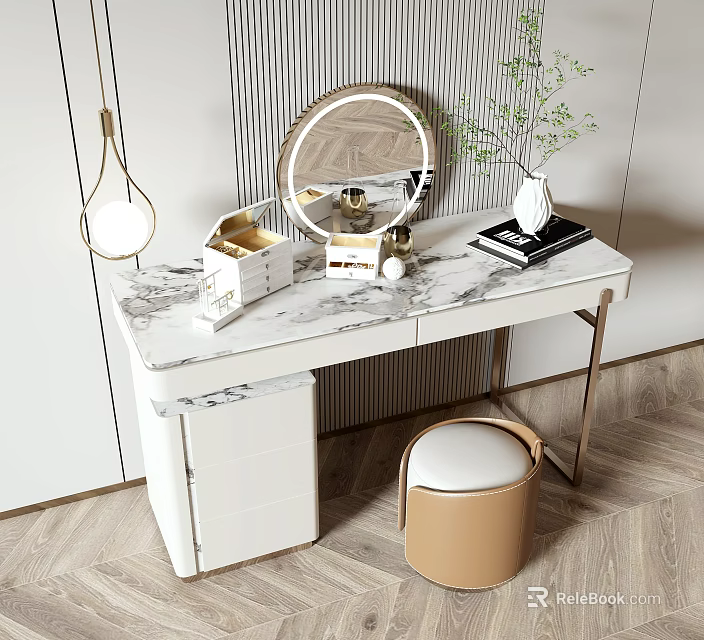 Modern Dressing Table With Marble Top Round Mirror Stool And Decorative Items 3d model