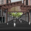 Modern Commercial Street With Wooden Entrance Arch High Rise Buildings Shops Green Trees And Pedestrians