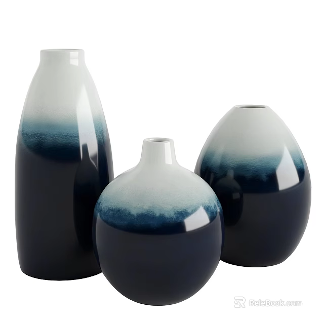 Ceramic Vases With Blue And White Gradient Color Various Shapes For Home Decor 3d model 