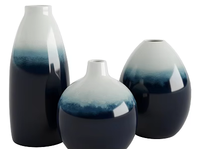 Ceramic Vases With Blue And White Gradient Color Various Shapes For Home Decor 3d model