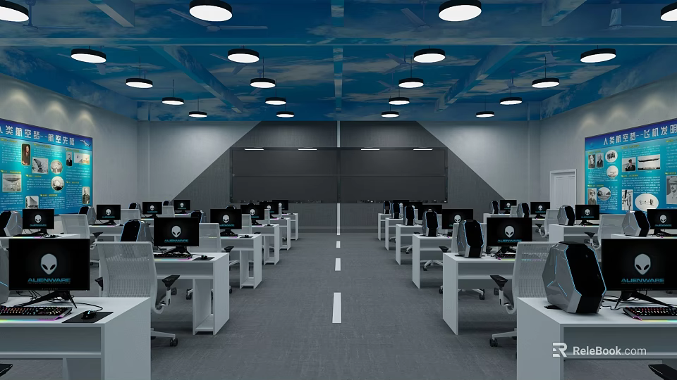 School Computer Classroom With Many Computers Neatly Arranged Desks And Chairs Blue Ceiling Round Lights 3d model