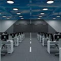School Computer Classroom With Many Computers Neatly Arranged Desks And Chairs Blue Ceiling Round Lights 3d model
