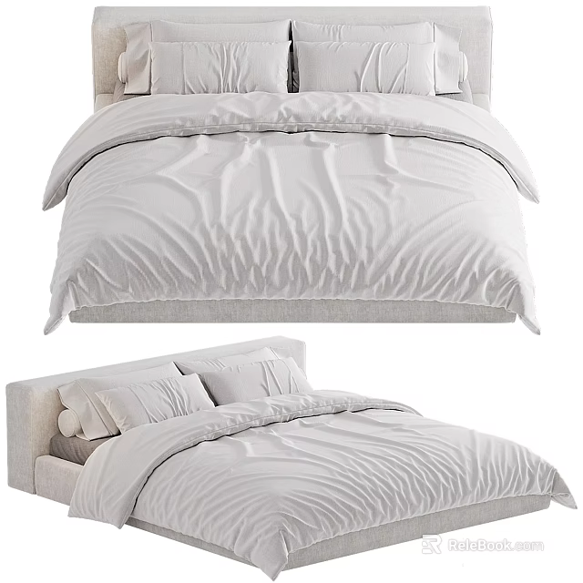 Modern Double Bed With White Bedding Upholstered Headboard Cozy Pillows And Duvet 3d model 