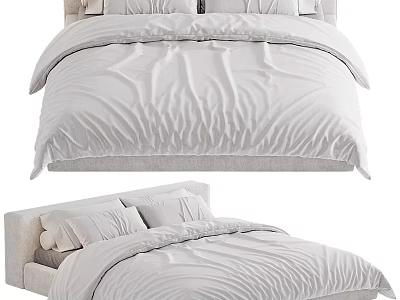 Modern Double Bed With White Bedding Upholstered Headboard Cozy Pillows And Duvet 3d model