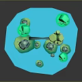 Low Poly 3D Scene With Blue Water Green Trees Orange Trunks Bridge And Stones