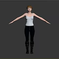Red Haired Child Wearing White Tank Top Black Leggings Black Boots Arms Outstretched Gray Background
