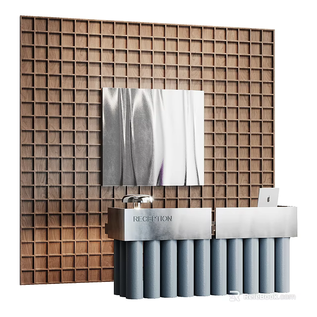 Sleek Modern Reception Desk With Brown Grid Wall Silver Panel And Metallic Countertop 3d model