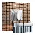 Sleek Modern Reception Desk With Brown Grid Wall Silver Panel And Metallic Countertop 3d model