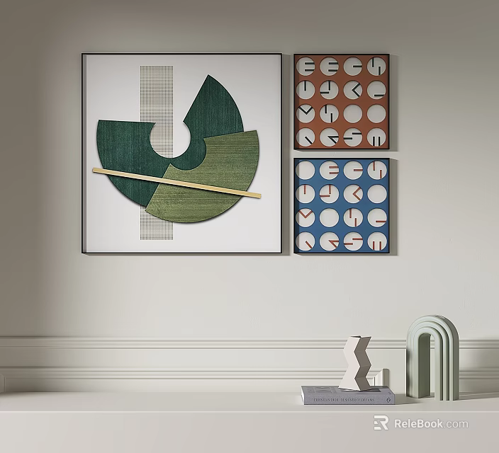 Modern Wall Decor With Geometric Paintings And Decorative Objects On Shelf 3d model